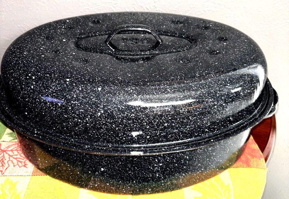Vintage Enamelware Roaster Pan Graniteware w/Lid Black/White Speckled Oval USA